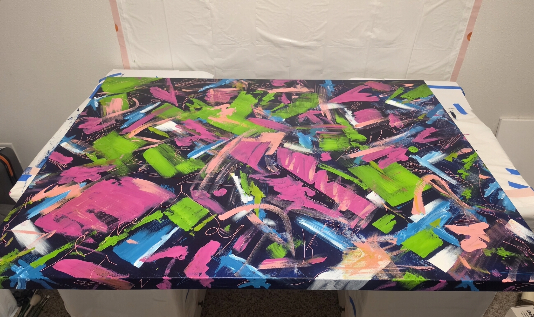 The painting in progress on canvas