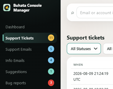 The Buhata Console Manager sidebar, showing separate queues for support tickets, support emails, info emails, suggestions and bug reports