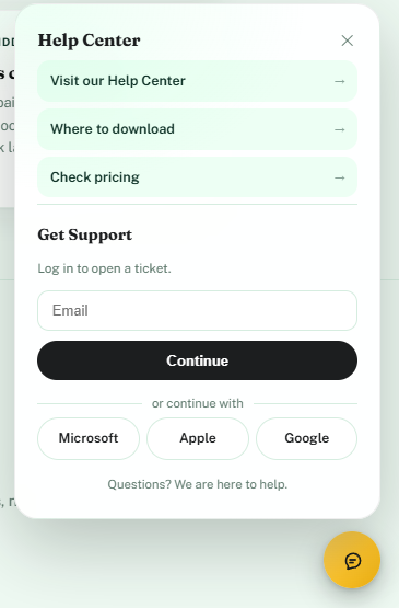 The Buhata Help Center panel, offering links to the Help Center, downloads and pricing, with a sign-in below to open a support ticket